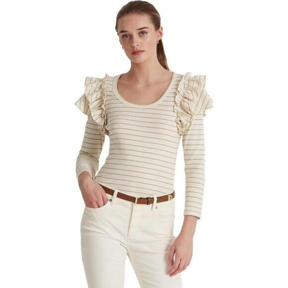 Metallic‎ Striped Ruffle-Trim Knit Top LAUREN Ralph Lauren XSP - Picture 1 of 11
